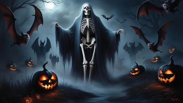 a skeleton sits in front of a scary scene with pumpkins and bats