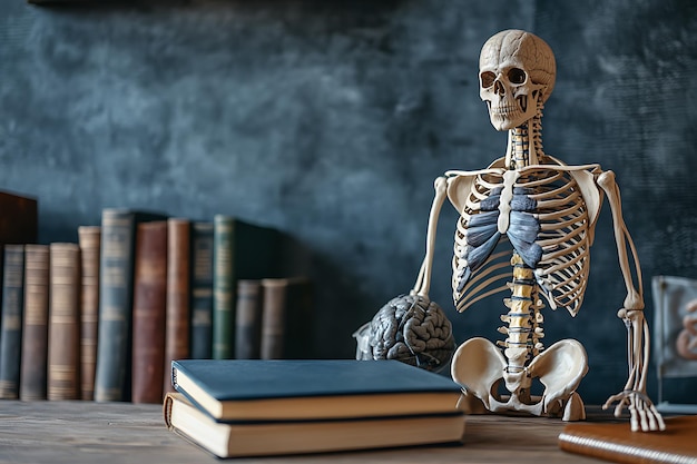 Photo a skeleton sits on a table with books including a book titled  the skeleton