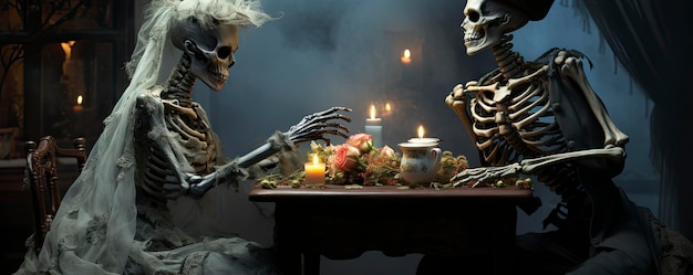 a skeleton sits on a table with a candle in the middle.