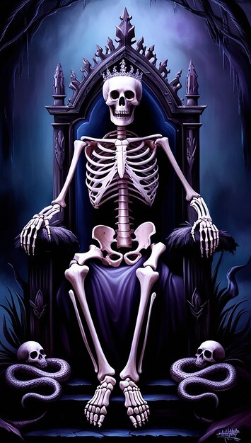 a skeleton sits on a throne in the dark