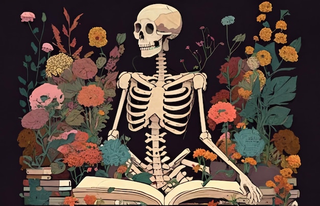 Skeleton sitting on a book surrounded by flowers and plants generative ai