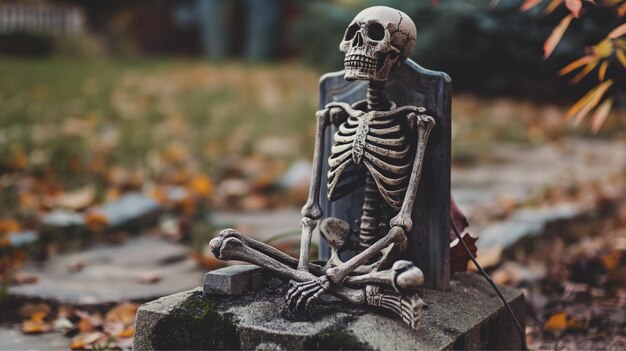 Photo a skeleton sitting on the grave a skeleton in the graveyard or cemetry the bones of person