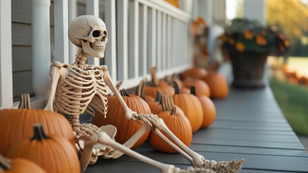 Skeleton sitting on a porch surrounded by pumpkins