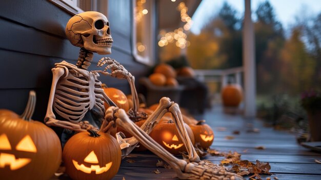 Skeleton sitting on a porch surrounded by pumpkins