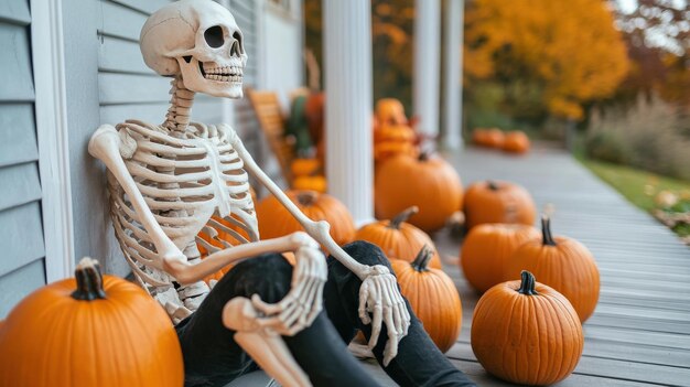 Skeleton sitting on a porch surrounded by pumpkins