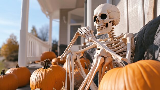 Skeleton sitting on a porch surrounded by pumpkins