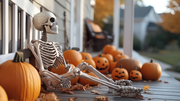 Skeleton sitting on a porch surrounded by pumpkins