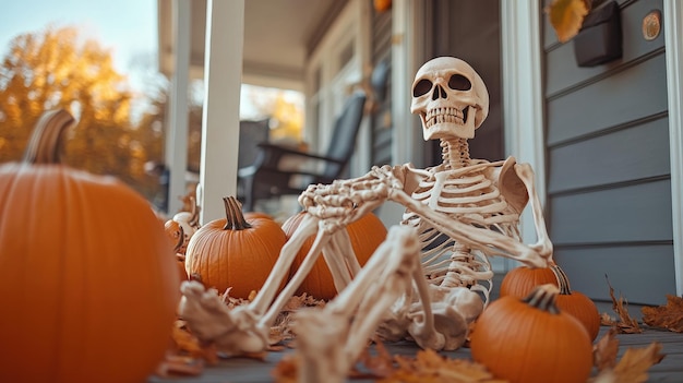 Skeleton sitting on a porch surrounded by pumpkins