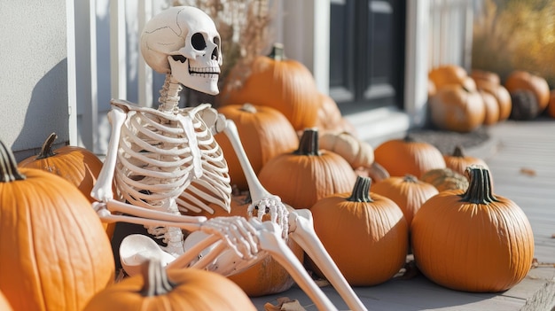 Skeleton sitting on a porch surrounded by pumpkins