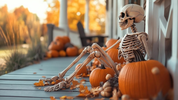 Skeleton sitting on a porch surrounded by pumpkins