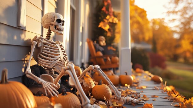 Skeleton sitting on a porch surrounded by pumpkins