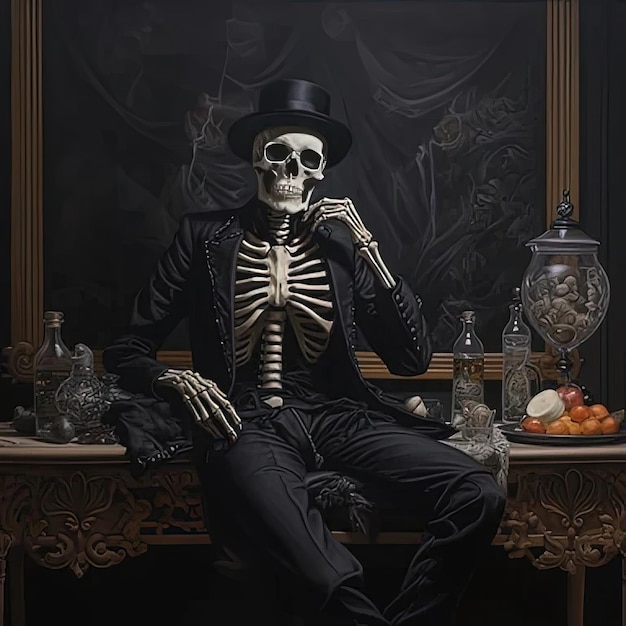 Photo a skeleton sitting on a table