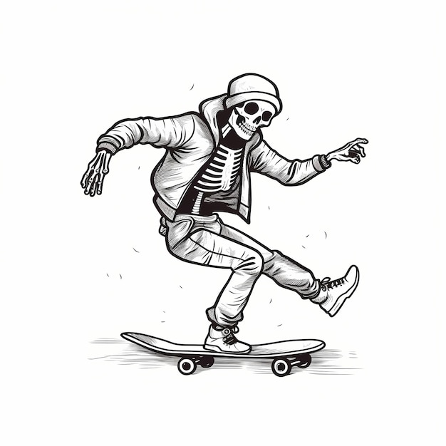 Skeleton skating in urban setting wearing a hoodie and cap at dusk