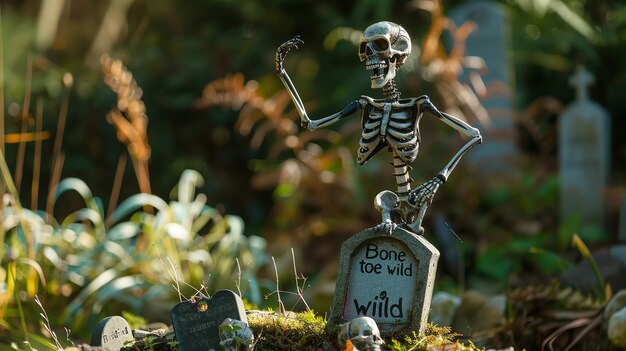 Photo a skeleton standing on a tombstone in a cemetery