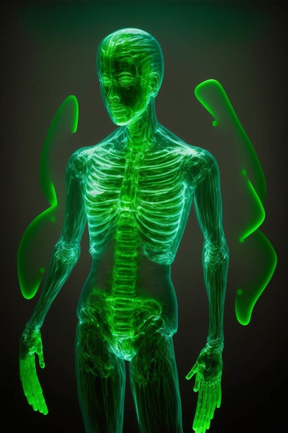 Skeleton that is glowing green in the dark generative ai