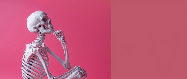 skeleton in a thinking pose on a pink background