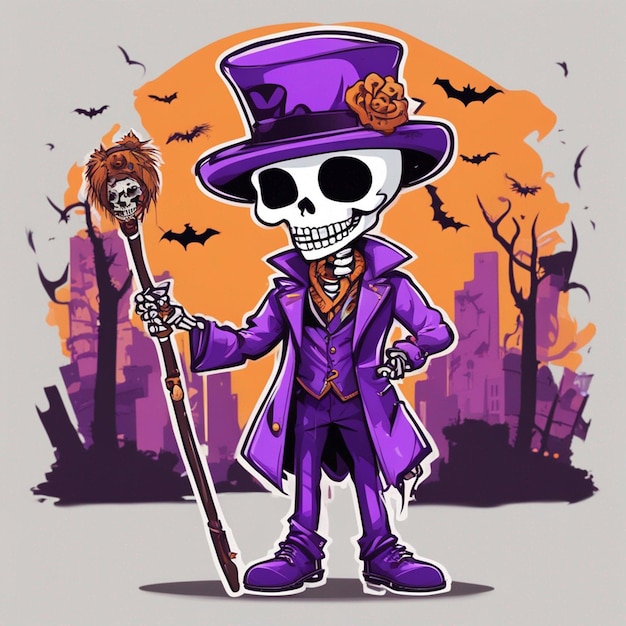 A skeleton ware purple suit in hand stick and ware hat tshirt design halloween background