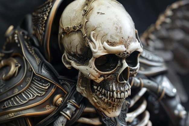 Skeleton warrior king wearing ornate armor emerging from darkness