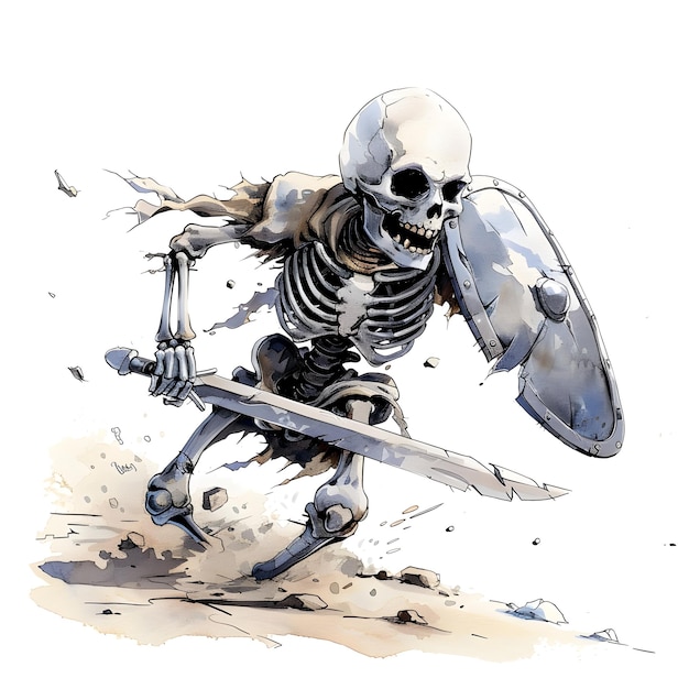 Photo skeleton warrior wielding sword and shield in watercolor