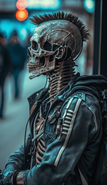 A skeleton wearing a black leather jacket with a skull on it.