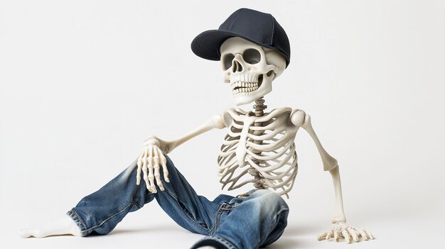 Photo skeleton wearing a cap and jeans sitting on the floor with white background