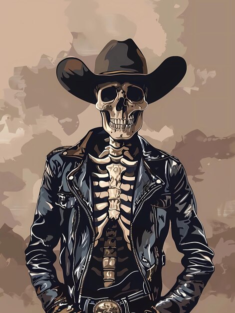 Photo a skeleton wearing a cowboy hat is standing in front of a skull