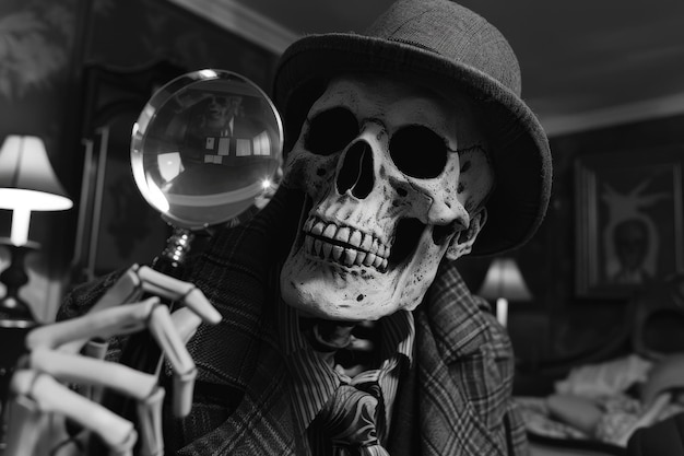 A skeleton wearing a hat and holding a magnifying glass