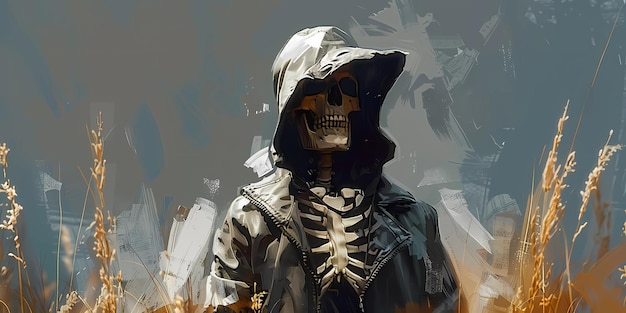 Photo a skeleton wearing a hoodie with a skull on it