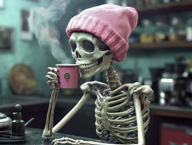 Photo a skeleton wearing a pink hat and a pink hat is drinking from a cup of coffee generative ia