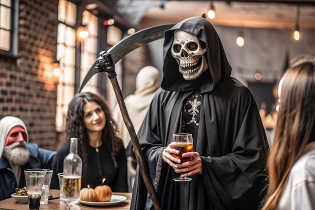 Photo a skeleton wearing a skull and a glass of beer