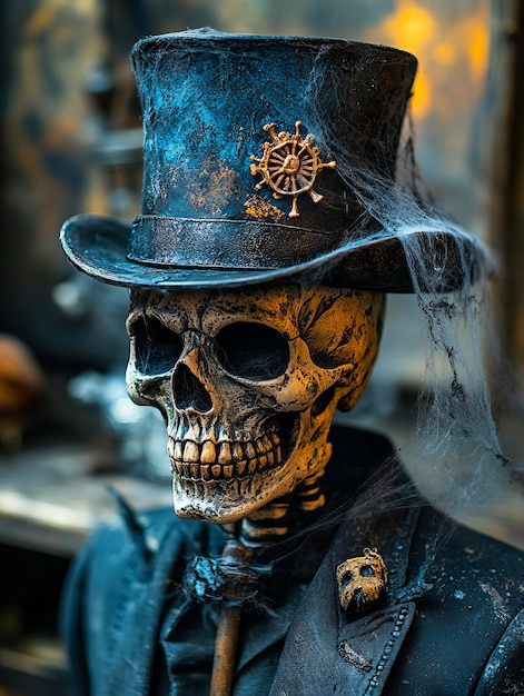 Photo a skeleton wearing a top hat with a spider web around it