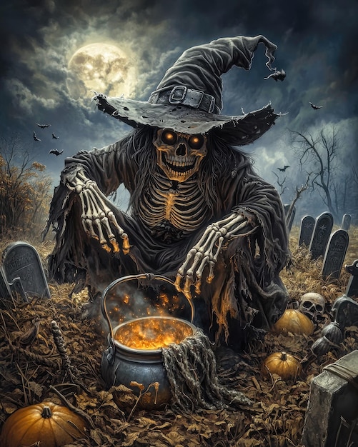 Skeleton witch preparing magic potion in graveyard at night