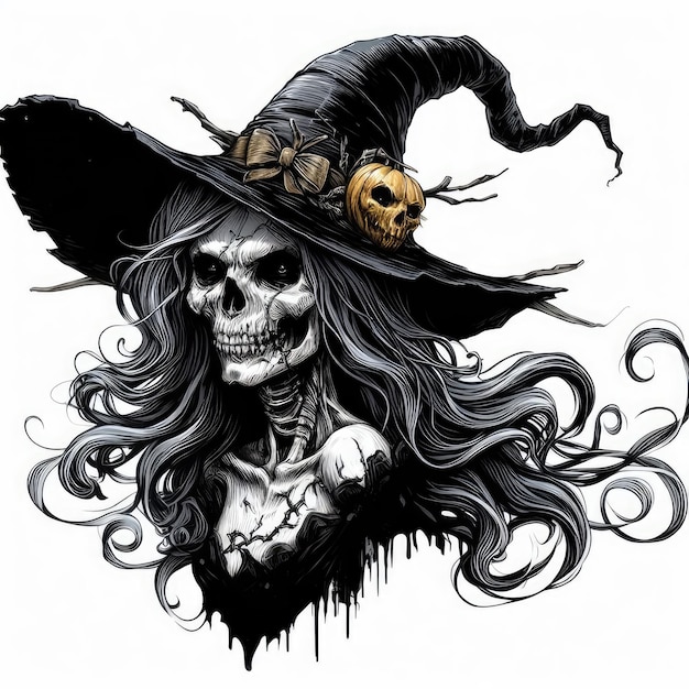 Skeleton witch on white