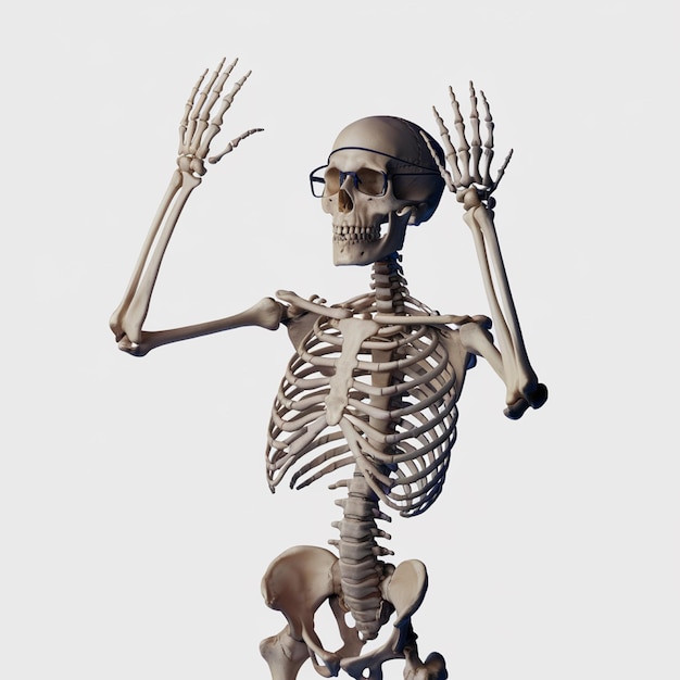 Photo a skeleton with a big head and arms raised up