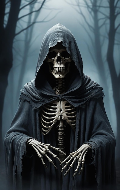 a skeleton with a blue cape is sitting in a dark forest