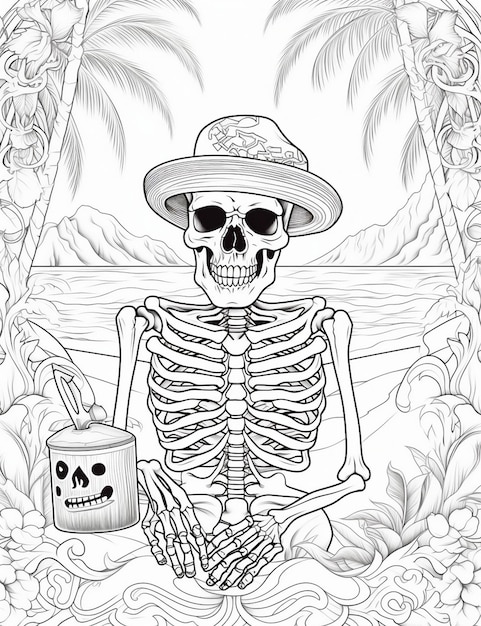 Photo a skeleton with a bucket and a can of paint with a can of coconut in the background.