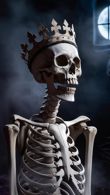 a skeleton with a crown on its head and a crown on its chest