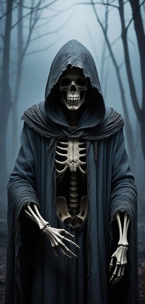 Photo a skeleton with a dark coat and a dark blue cloak