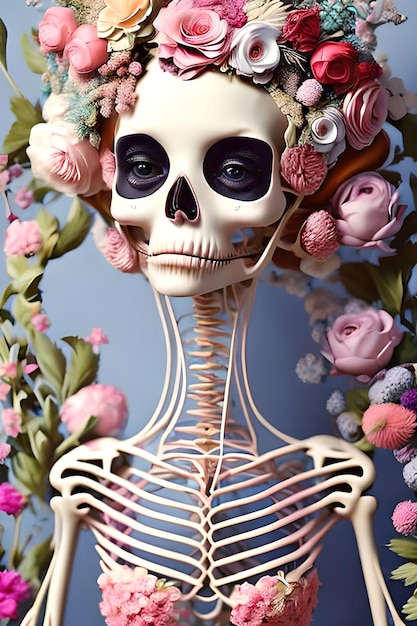 A skeleton with flowers on it