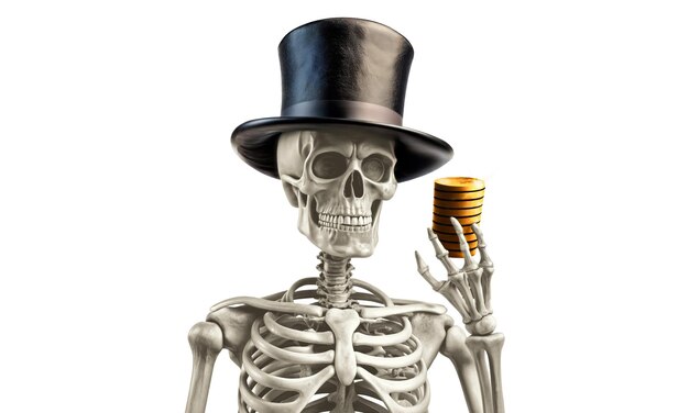 Photo skeleton with gold chips or coins in hand wearing hat cylinder halloween and poker skeleton without