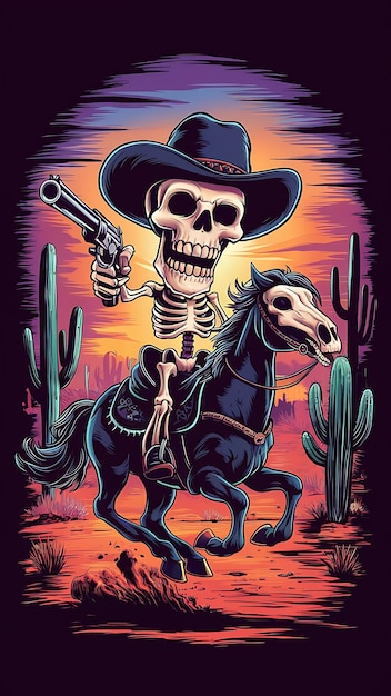 a skeleton with a gun pointing a gun in the desert