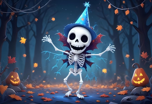 a skeleton with a hat on it has a blue hat on it