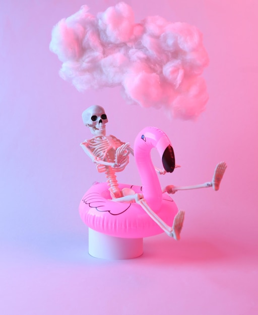 Skeleton with inflatable flamingo and floating fluffy cloud in pink blue neon light Concept art Minimalistic idea