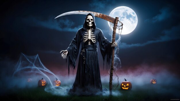 Photo a skeleton with a knife and a full moon in the background