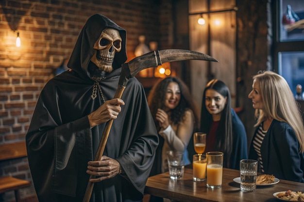 Photo a skeleton with a knife in his hand is standing next to a man with a knife