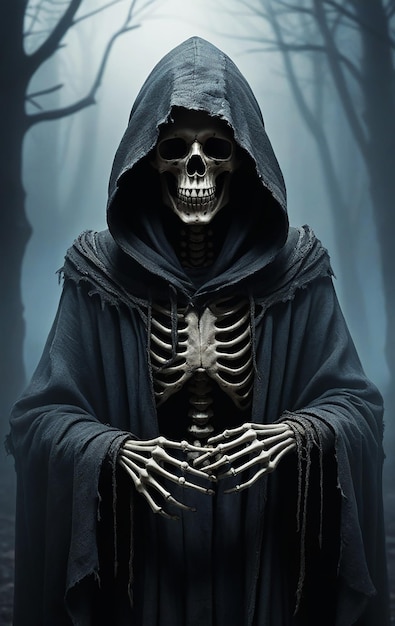 a skeleton with a long neck and a dark blue robe with a black cloak