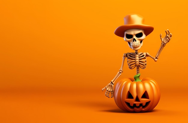 Skeleton with a pumpkin on an orange background Halloween 1