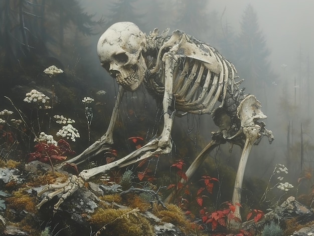 a skeleton with a skeleton in the middle of a forest