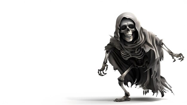 a skeleton with a skull and bones on it stands in front of a white background