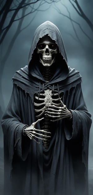 a skeleton with a skull on his chest is holding a skull